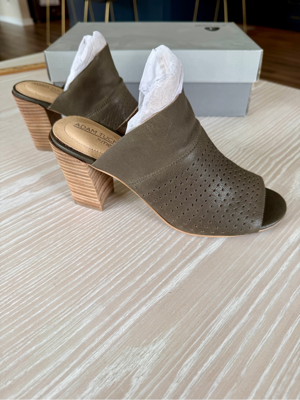 Me Too Adam Tucker Olive Perforated Leather Peep-Toe Mule Heels